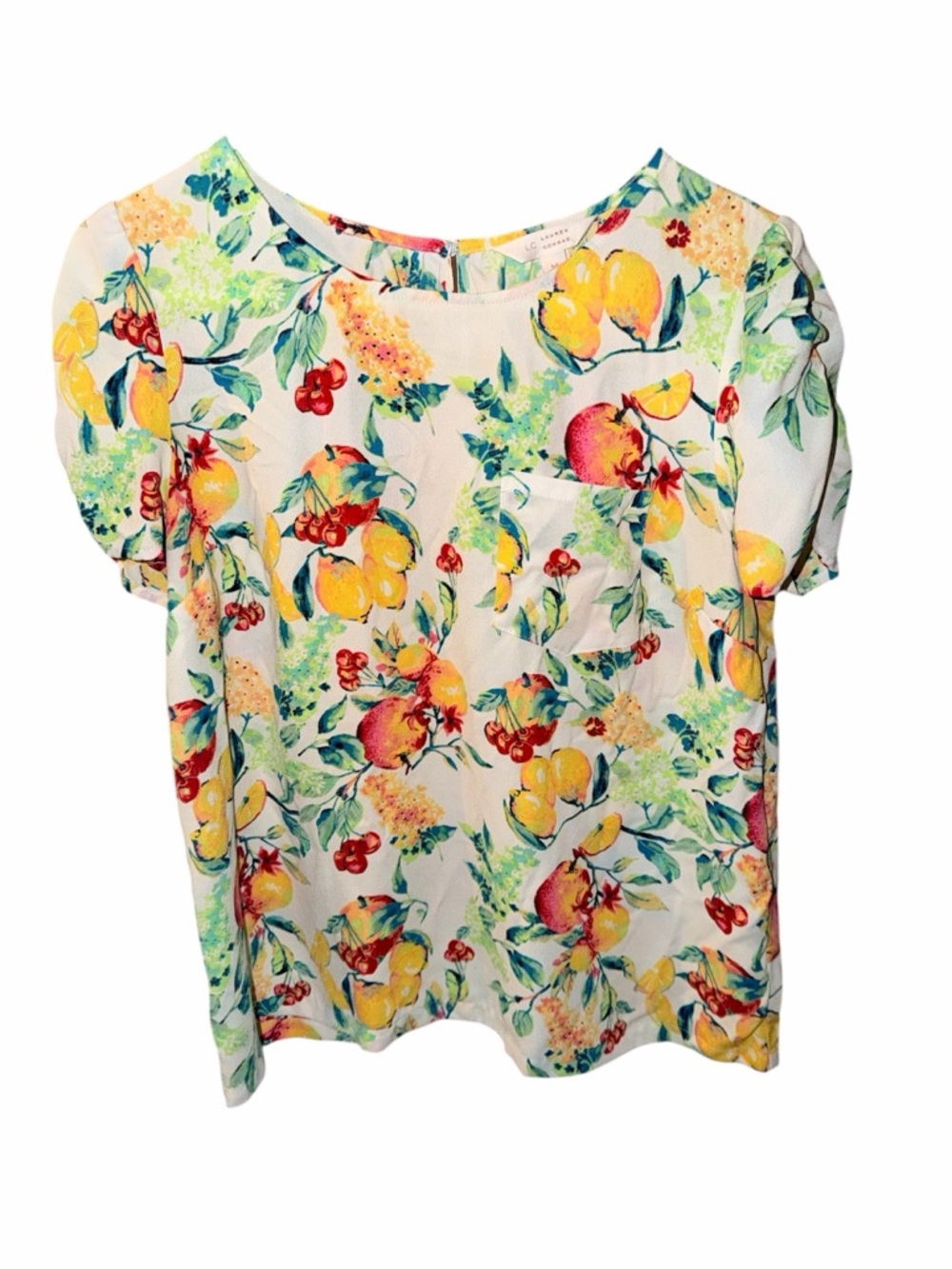 LC Lauren Conrad White Blouse with Yellow & Red Fruit Print